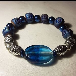 Handmade blue glass and  silver plated bracelet